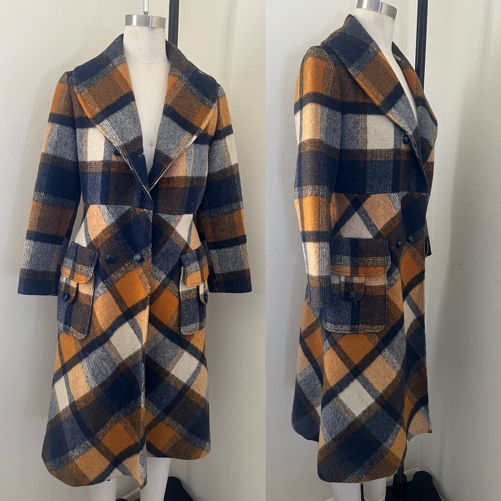 Vintage Jill Jr. Rust Orange and Navy Plaid Wool Coat as is
